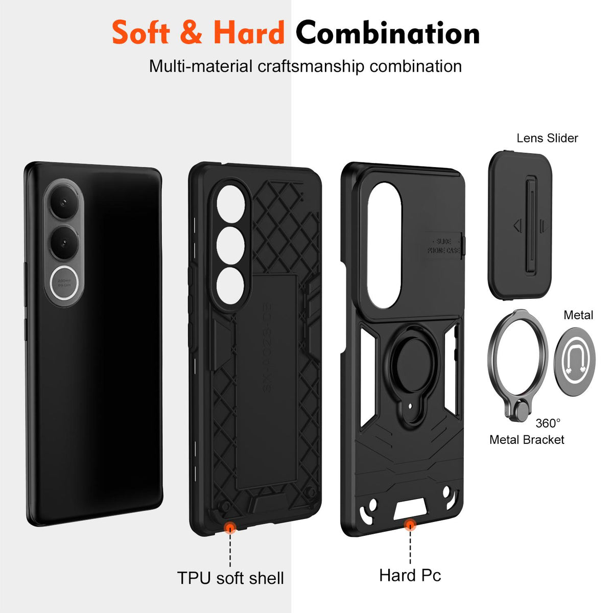 For vivo V70 FE 5G Camshield Ring Holder Phone Case - Black - EDA009289605B