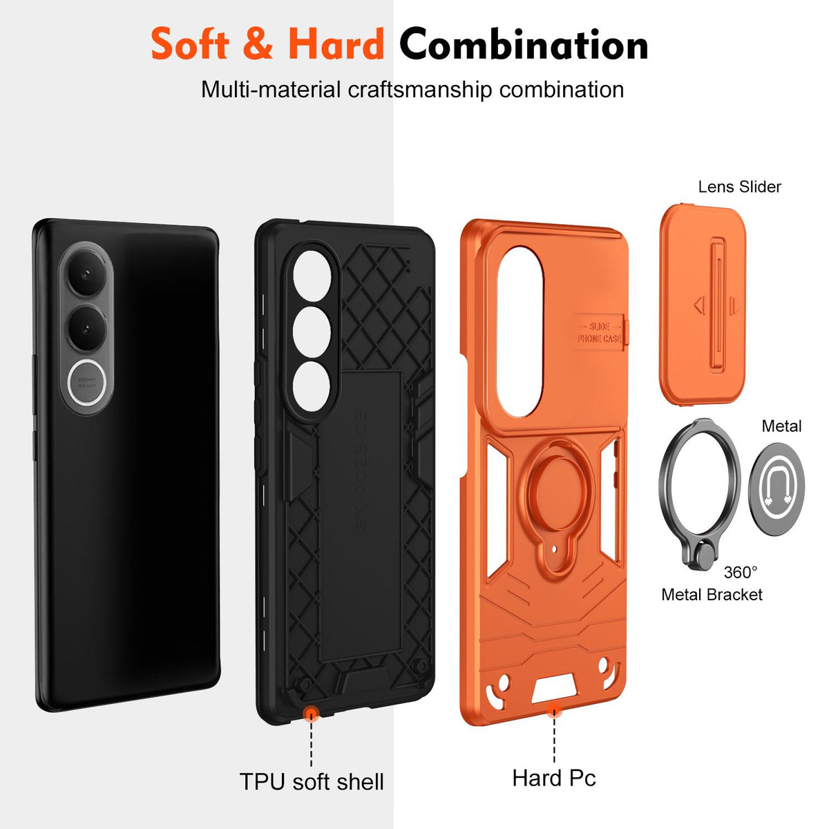 For vivo V70 FE 5G Camshield Ring Holder Phone Case - Orange - EDA009289605D