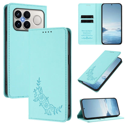 For Xiaomi Poco F8 Ultra 5G / Redmi K90 Pro Max Peony Embossed Magnetic RFID Vegan Leather Phone Case(Mint Green)