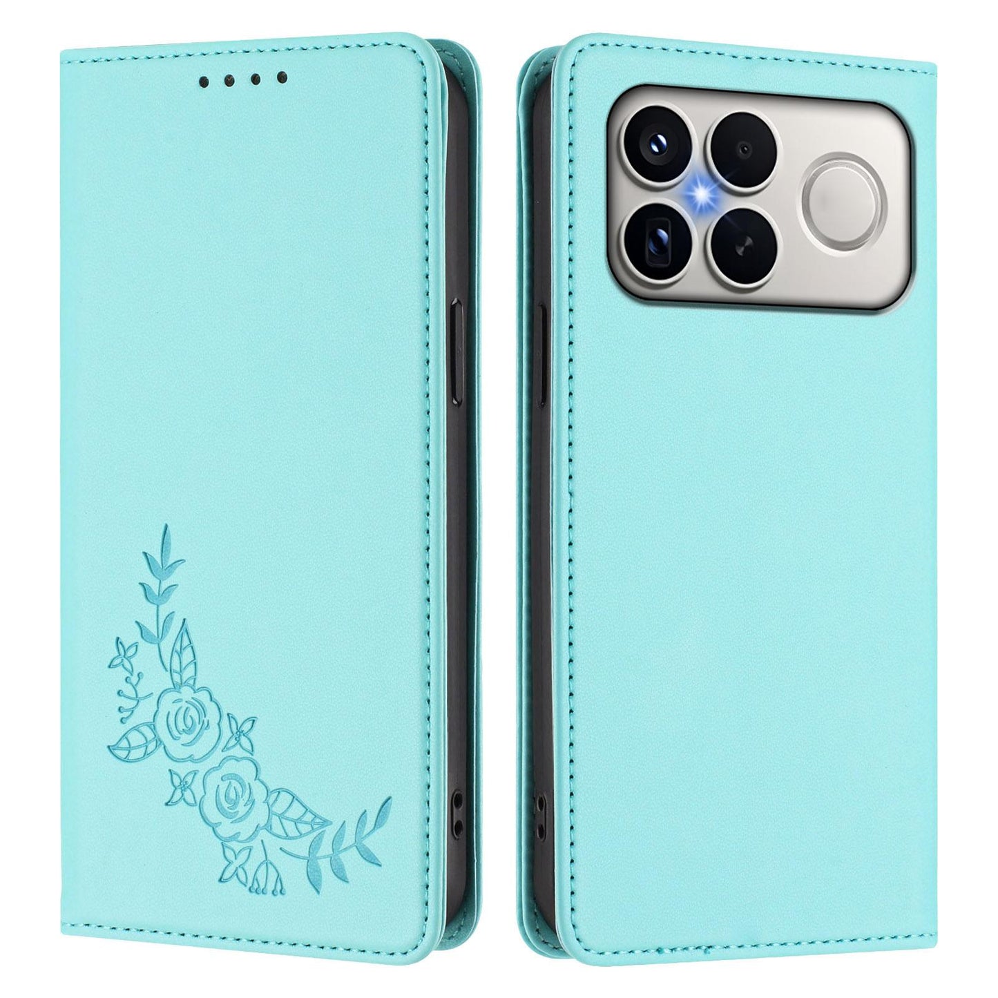 For Xiaomi Poco F8 Ultra 5G / Redmi K90 Pro Max Peony Embossed Magnetic RFID Vegan Leather Phone Case(Mint Green)