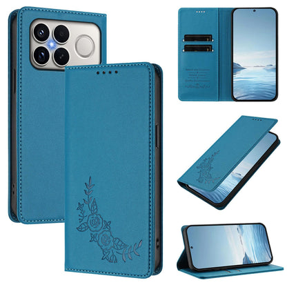 For Xiaomi Poco F8 Ultra 5G / Redmi K90 Pro Max Peony Embossed Magnetic RFID Vegan Leather Phone Case(Lake Blue)