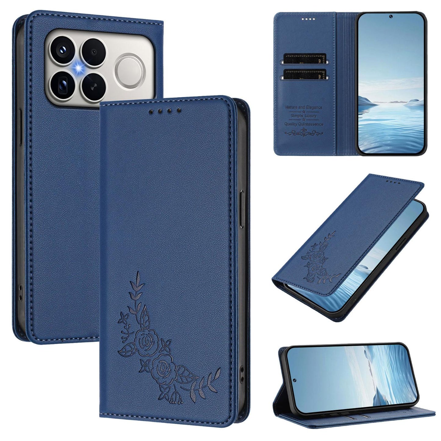 For Xiaomi Poco F8 Ultra 5G / Redmi K90 Pro Max Peony Embossed Magnetic RFID Vegan Leather Phone Case(Dark Blue)