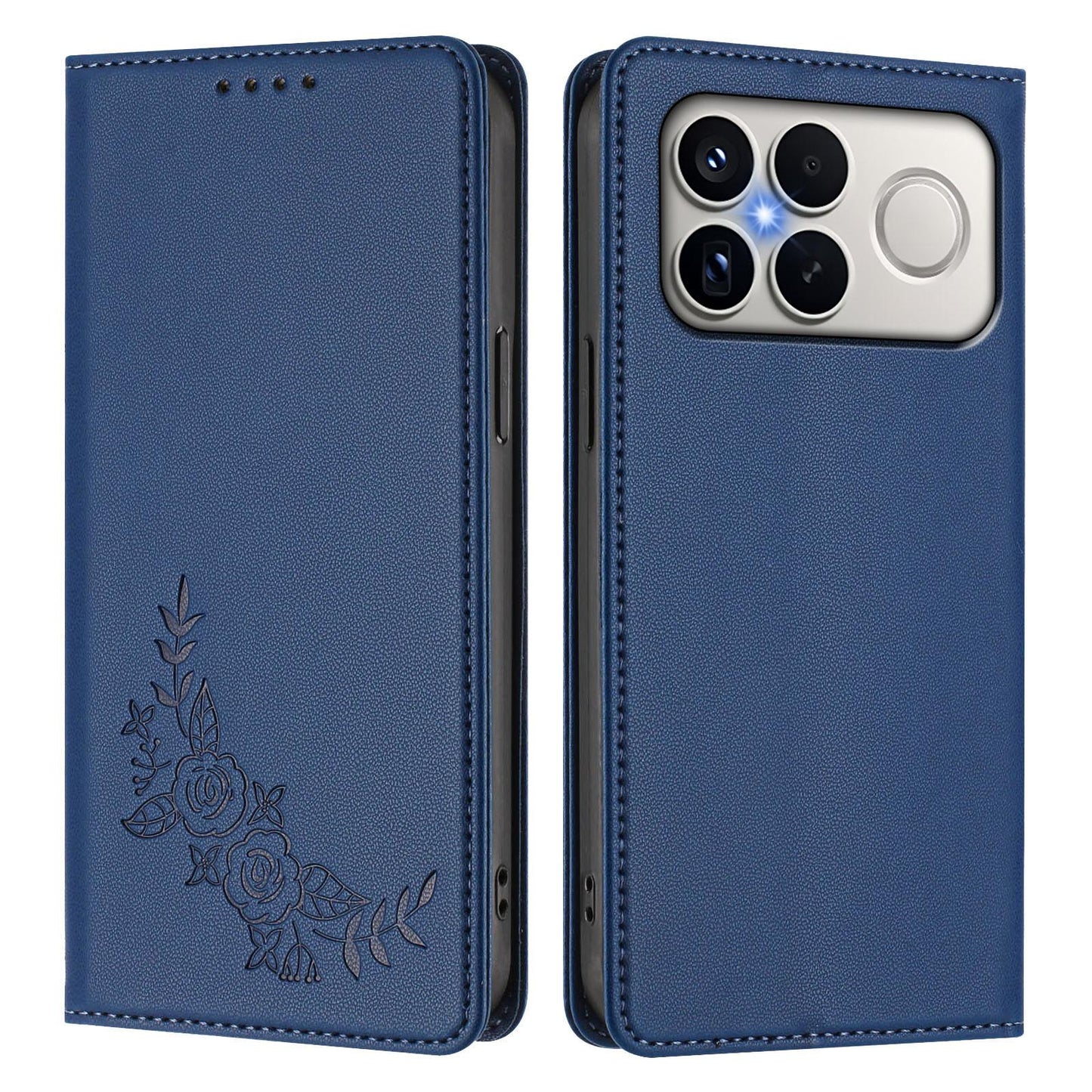 For Xiaomi Poco F8 Ultra 5G / Redmi K90 Pro Max Peony Embossed Magnetic RFID Vegan Leather Phone Case(Dark Blue)