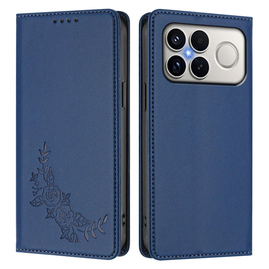 For Xiaomi Poco F8 Ultra 5G / Redmi K90 Pro Max Peony Embossed Magnetic RFID Vegan Leather Phone Case(Dark Blue)