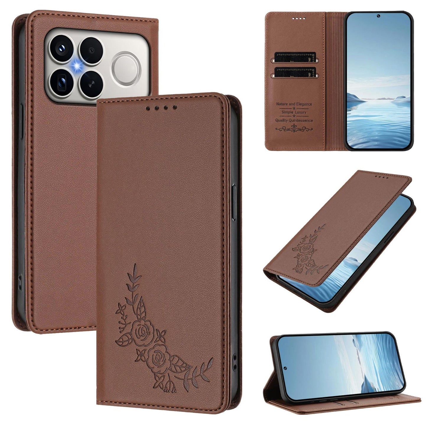 For Xiaomi Poco F8 Ultra 5G / Redmi K90 Pro Max Peony Embossed Magnetic RFID Vegan Leather Phone Case(Brown)