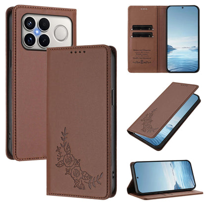 For Xiaomi Poco F8 Ultra 5G / Redmi K90 Pro Max Peony Embossed Magnetic RFID Vegan Leather Phone Case(Brown)