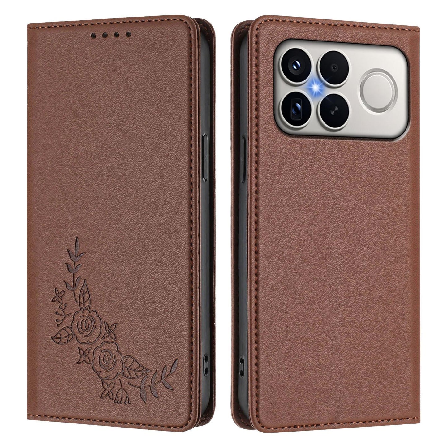 For Xiaomi Poco F8 Ultra 5G / Redmi K90 Pro Max Peony Embossed Magnetic RFID Vegan Leather Phone Case(Brown)