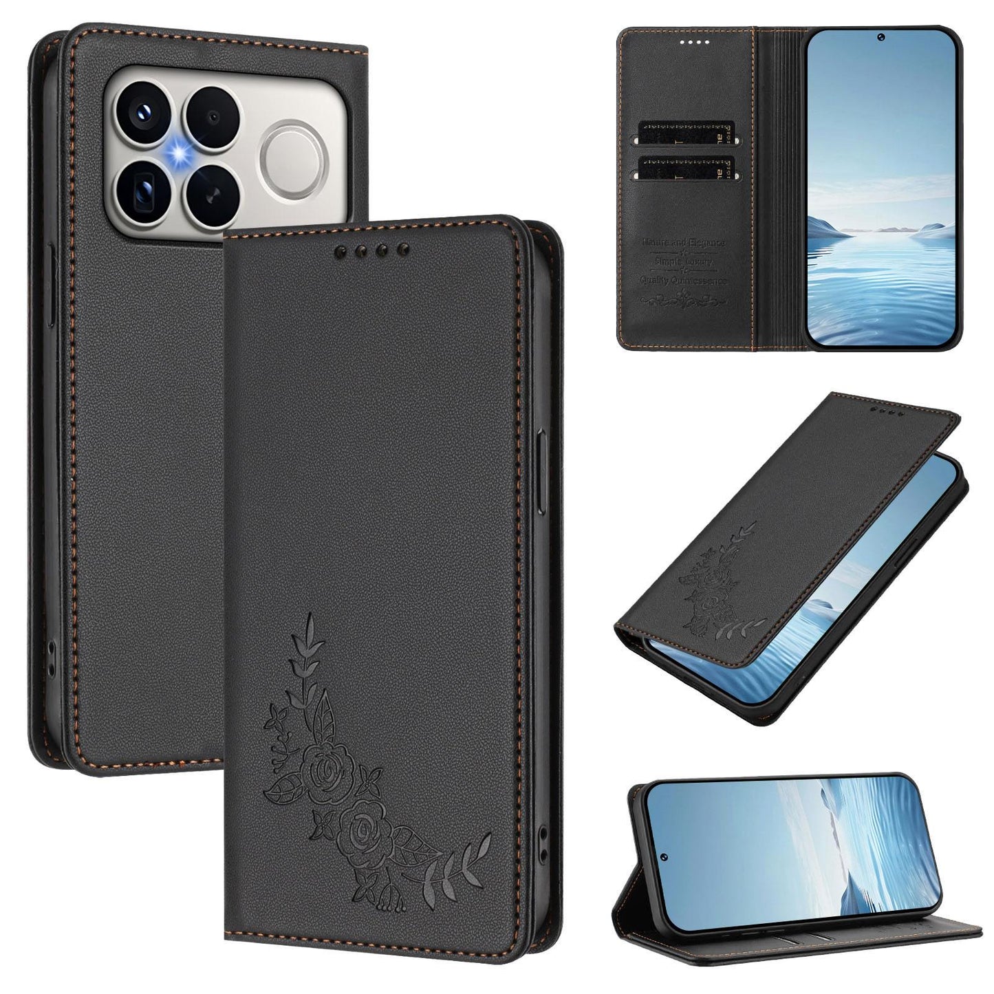 For Xiaomi Poco F8 Ultra 5G / Redmi K90 Pro Max Peony Embossed Magnetic RFID Vegan Leather Phone Case(Black)