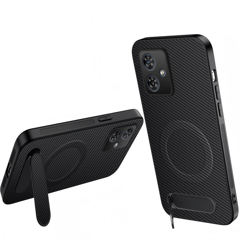 For Motorola Moto G55 5G WANLONFENG Kickstand Carbon Fiber Texture Magnetic Phone Case - Black - EDA009298516A