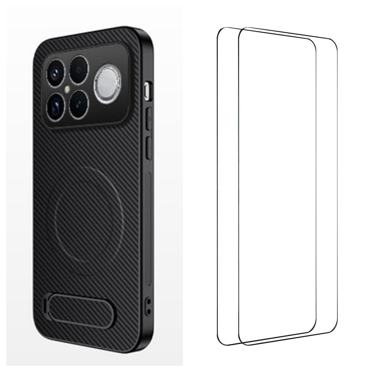 For Redmi K90 Pro Max 5G / Poco F8 Ultra WANLONFENG Kickstand Carbon Fiber Texture Magnetic Phone Case with 2pcs Screen Films(Black)