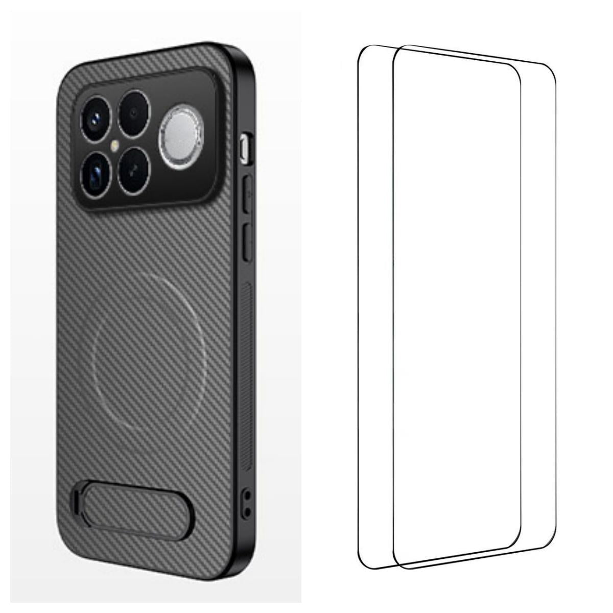 For Redmi K90 Pro Max 5G / Poco F8 Ultra WANLONFENG Kickstand Carbon Fiber Texture Magnetic Phone Case with 2pcs Screen Films(Grey)
