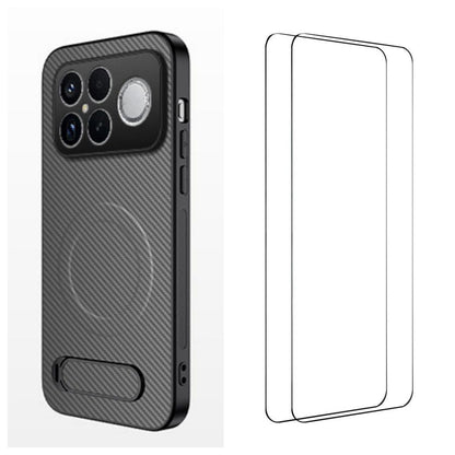 For Redmi K90 Pro Max 5G / Poco F8 Ultra WANLONFENG Kickstand Carbon Fiber Texture Magnetic Phone Case with 2pcs Screen Films(Grey)