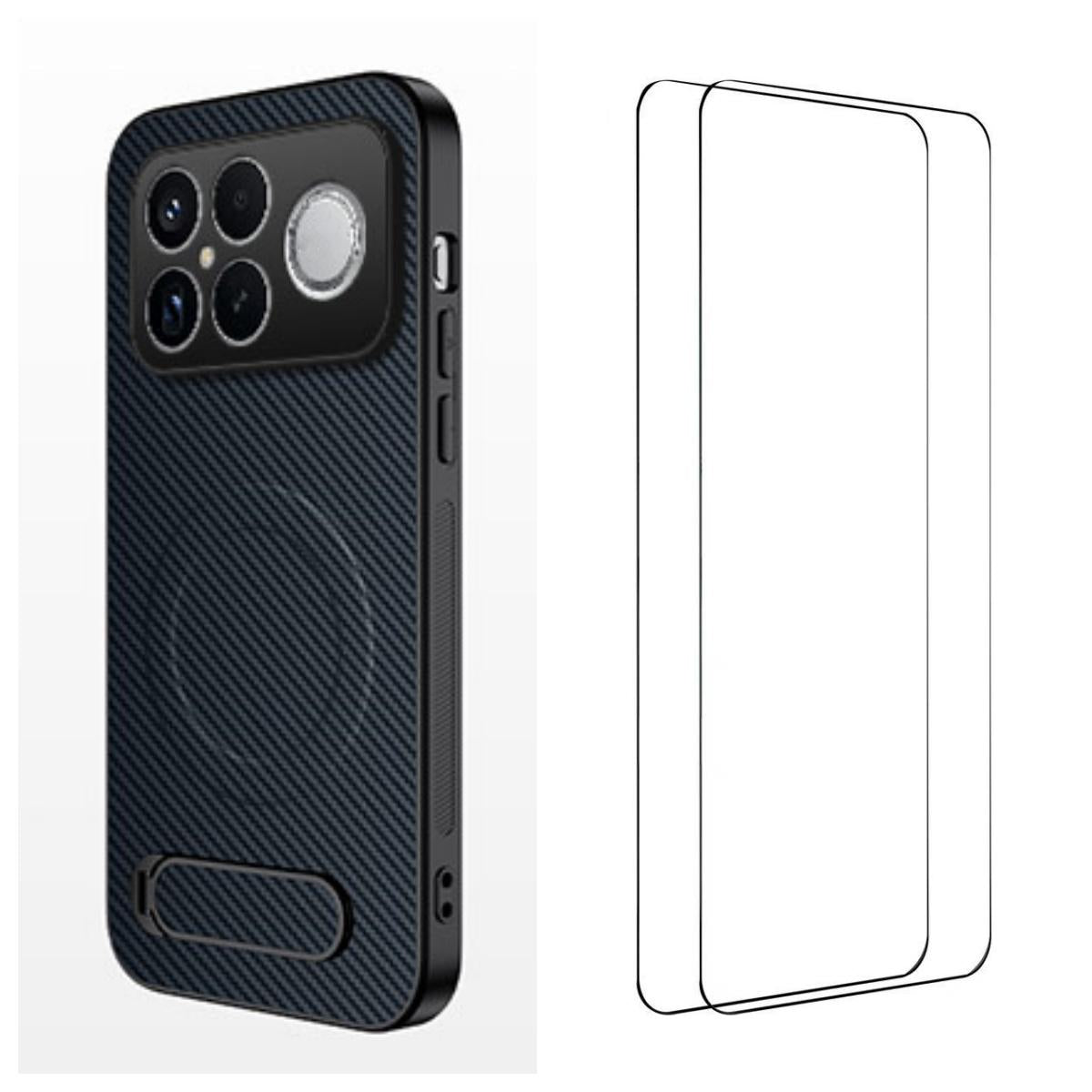 For Redmi K90 Pro Max 5G / Poco F8 Ultra WANLONFENG Kickstand Carbon Fiber Texture Magnetic Phone Case with 2pcs Screen Films(Sapphire Blue)