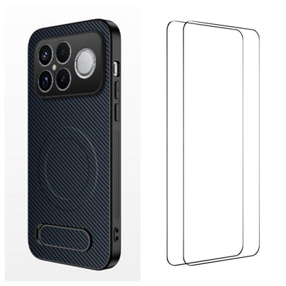 For Redmi K90 Pro Max 5G / Poco F8 Ultra WANLONFENG Kickstand Carbon Fiber Texture Magnetic Phone Case with 2pcs Screen Films(Sapphire Blue)