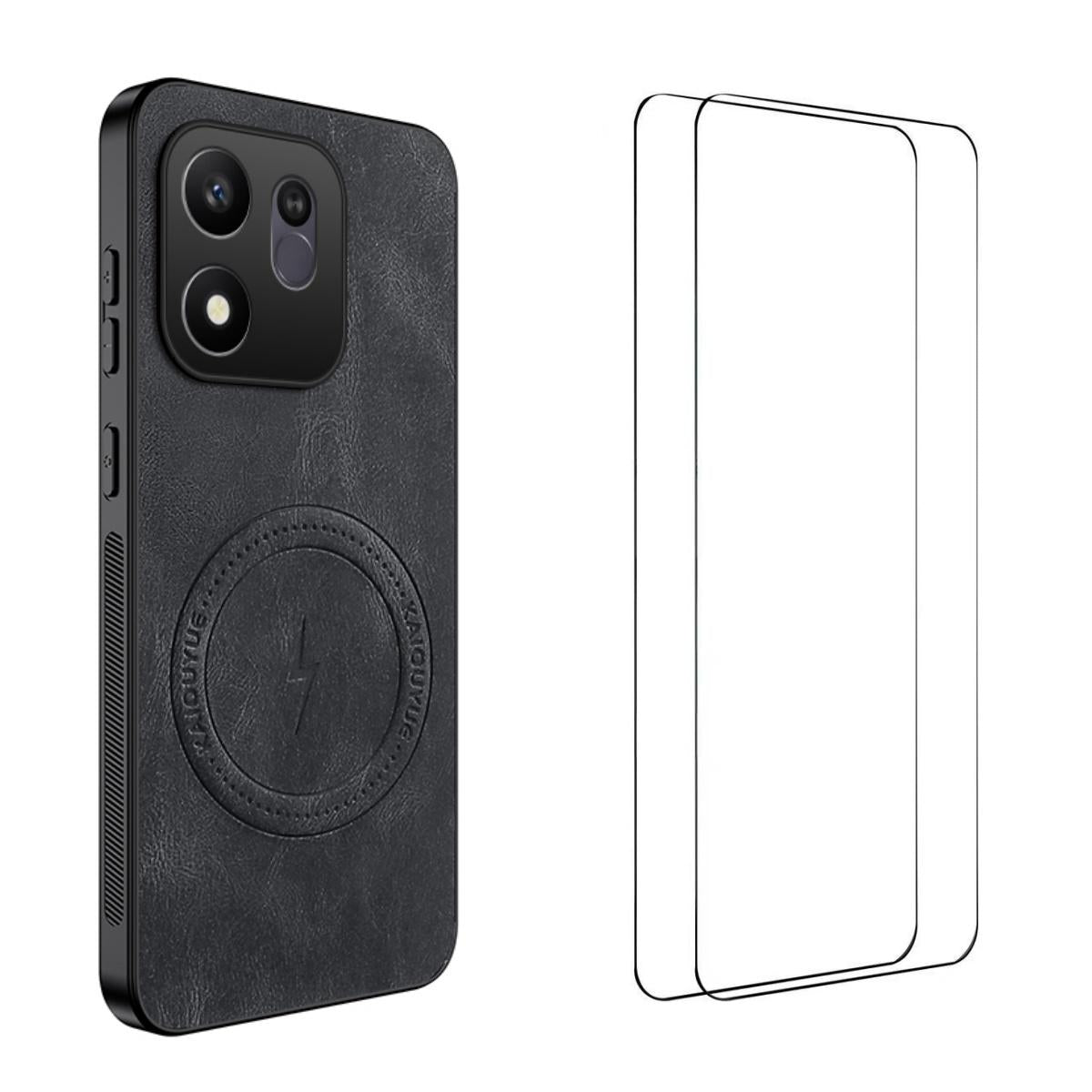 For Honor 600 Smart 5G WANLONFENG Nappa Texture Magnetic Phone Case with 2pcs Screen Films(Black)