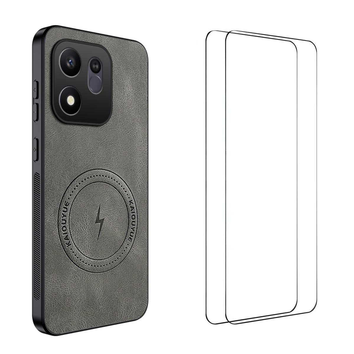 For Honor 600 Smart 5G WANLONFENG Nappa Texture Magnetic Phone Case with 2pcs Screen Films(Grey)