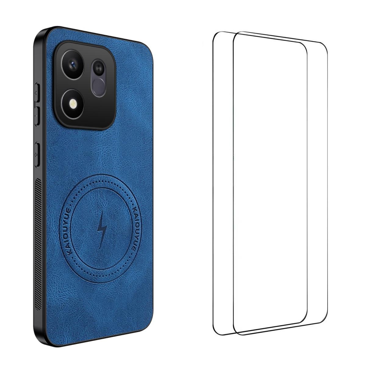 For Honor 600 Smart 5G WANLONFENG Nappa Texture Magnetic Phone Case with 2pcs Screen Films(Blue)