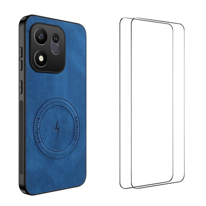 For Honor 600 Smart 5G WANLONFENG Nappa Texture Magnetic Phone Case with 2pcs Screen Films(Blue)