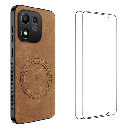 For Honor 600 Smart 5G WANLONFENG Nappa Texture Magnetic Phone Case with 2pcs Screen Films(Brown)