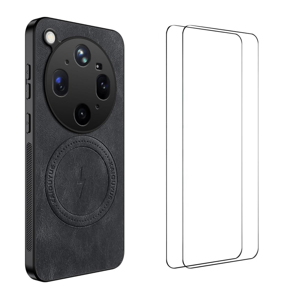 For OPPO Find X9 Ultra WANLONFENG Nappa Texture Magnetic Phone Case with 2pcs Screen Films(Black)