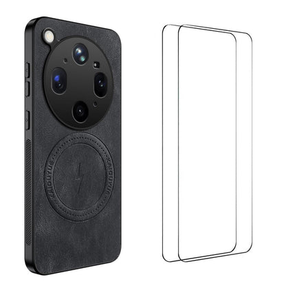 For OPPO Find X9 Ultra WANLONFENG Nappa Texture Magnetic Phone Case with 2pcs Screen Films(Black)