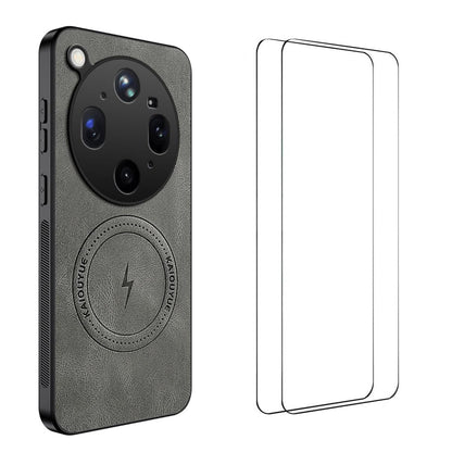 For OPPO Find X9 Ultra WANLONFENG Nappa Texture Magnetic Phone Case with 2pcs Screen Films(Grey)