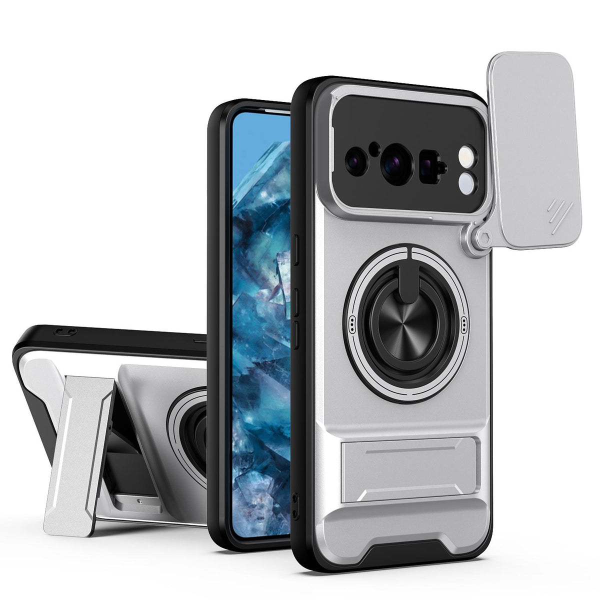 For Google Pixel 8 Pro Lens Sliding Window Multifunctional Magnetic Shockproof Phone Case - Titanium Gray - EDA009380009D