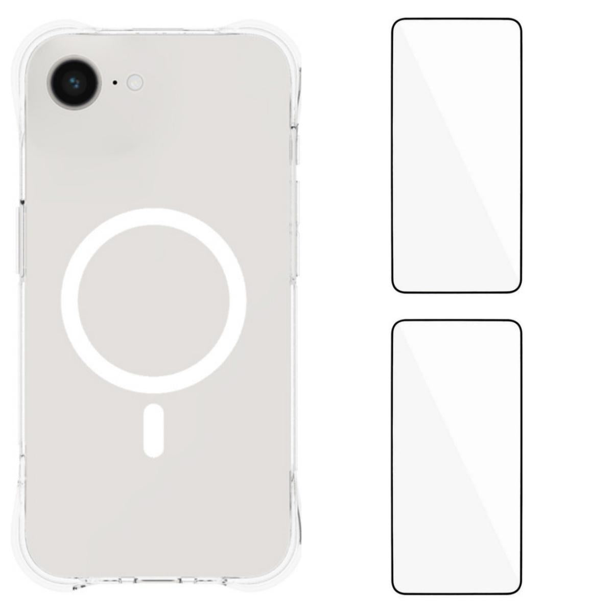 For iPhone 17e / 16e WANLONFENG Transparent Magnetic Four-Corner Shockproof TPU Phone Case with 2pcs Screen Films(Transparent)