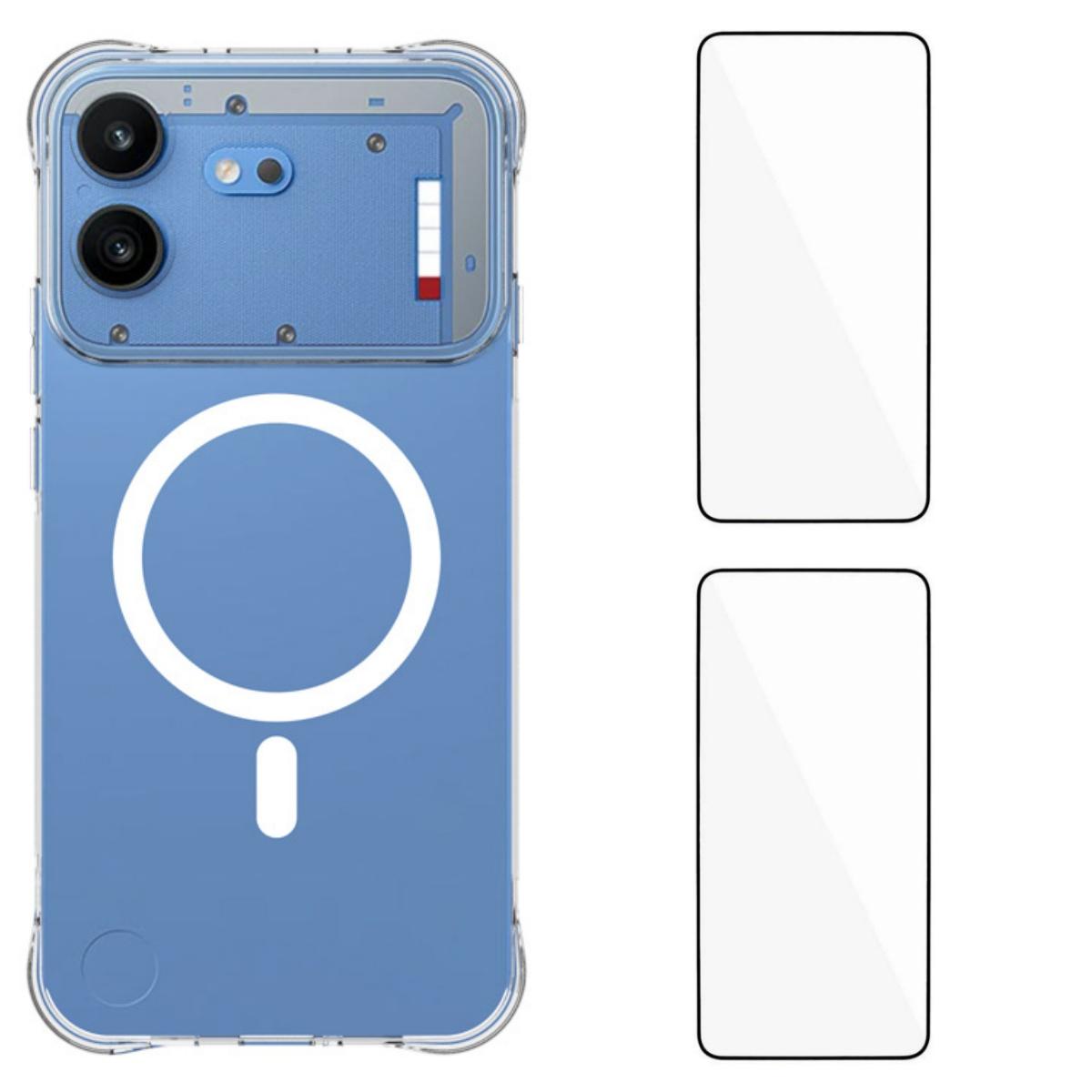 For Nothing Phone 4b WANLONFENG Transparent Magnetic Four-Corner Shockproof TPU Phone Case with 2pcs Screen Films(Transparent)