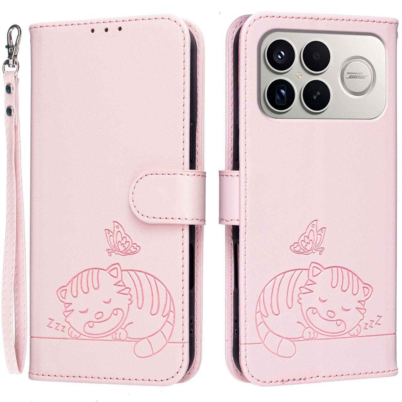 For Redmi K90 ProMax / Poco F8 Ultra Cat Butterfly Embossed RFID Vegan Leather Phone Case with Strap(Pink)
