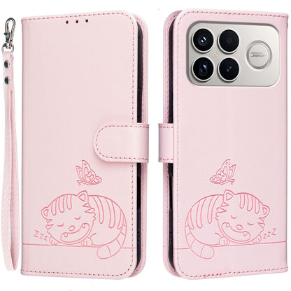 For Redmi K90 ProMax / Poco F8 Ultra Cat Butterfly Embossed RFID Vegan Leather Phone Case with Strap(Pink)