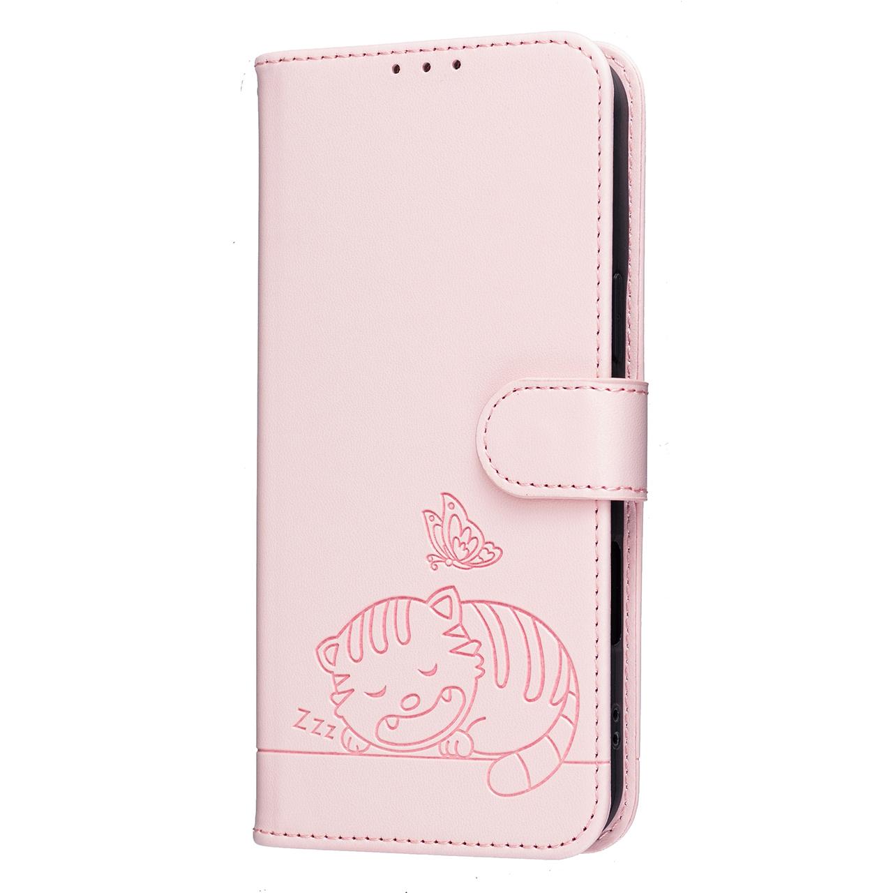For Redmi K90 ProMax / Poco F8 Ultra Cat Butterfly Embossed RFID Vegan Leather Phone Case with Strap(Pink)