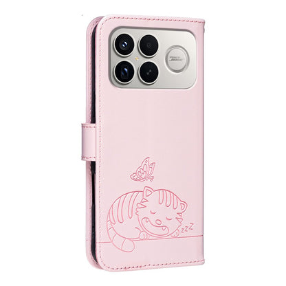 For Redmi K90 ProMax / Poco F8 Ultra Cat Butterfly Embossed RFID Vegan Leather Phone Case with Strap(Pink)