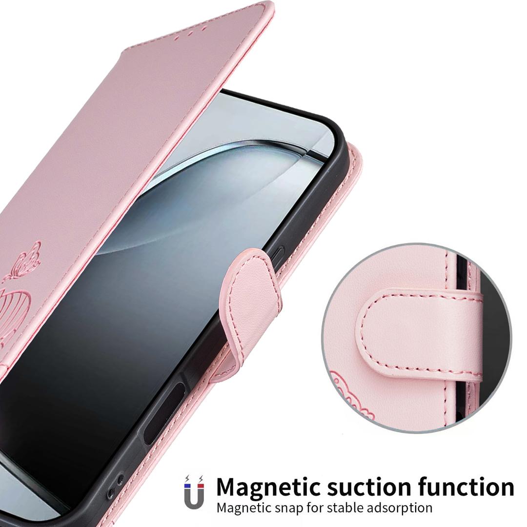 For Redmi K90 ProMax / Poco F8 Ultra Cat Butterfly Embossed RFID Vegan Leather Phone Case with Strap(Pink)