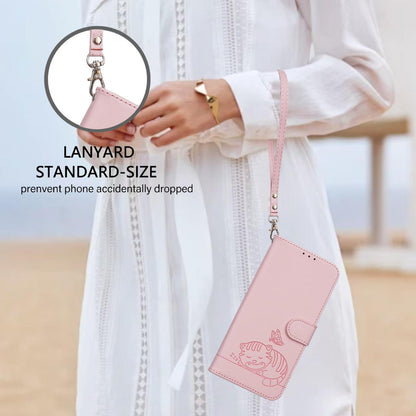 For Redmi K90 ProMax / Poco F8 Ultra Cat Butterfly Embossed RFID Vegan Leather Phone Case with Strap(Pink)