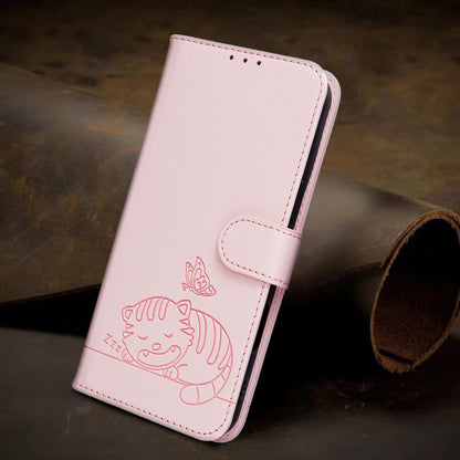 For Redmi K90 ProMax / Poco F8 Ultra Cat Butterfly Embossed RFID Vegan Leather Phone Case with Strap(Pink)