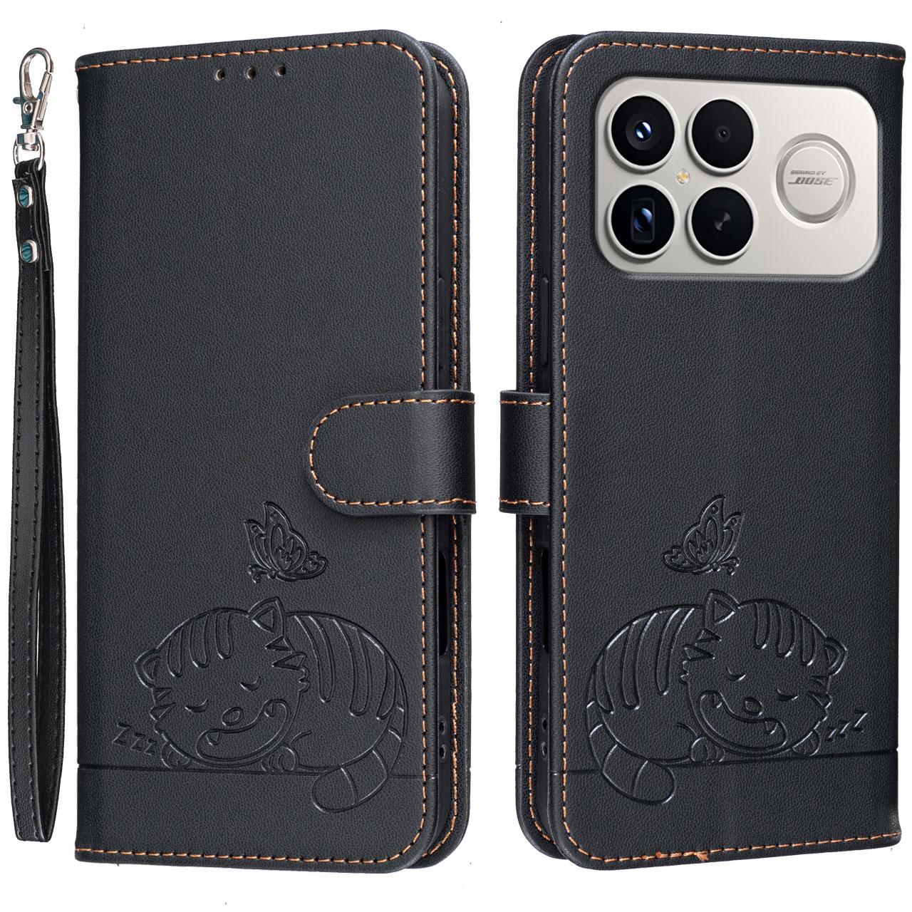 For Redmi K90 ProMax / Poco F8 Ultra Cat Butterfly Embossed RFID Vegan Leather Phone Case with Strap(Black)