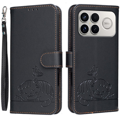 For Redmi K90 ProMax / Poco F8 Ultra Cat Butterfly Embossed RFID Vegan Leather Phone Case with Strap(Black)