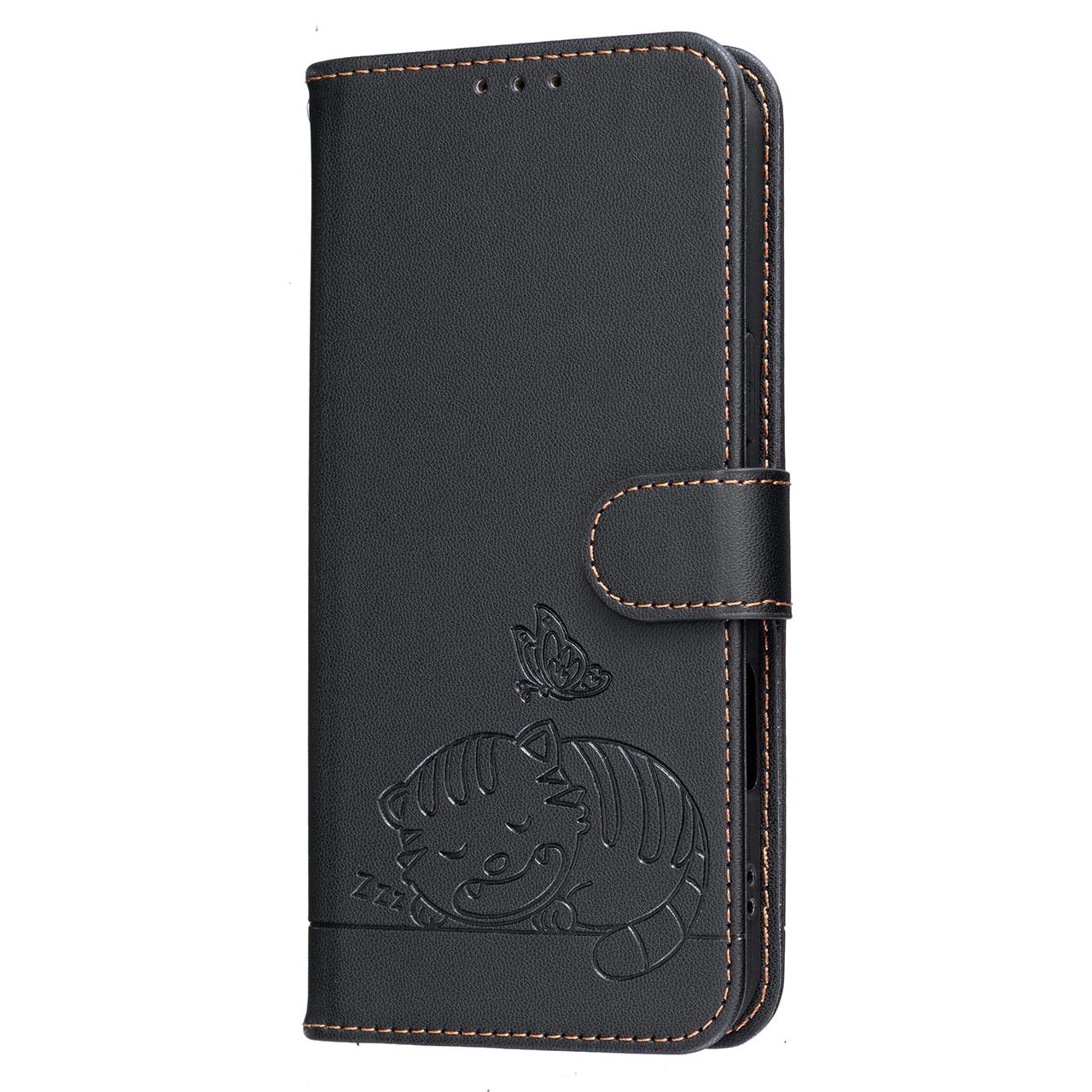 For Redmi K90 ProMax / Poco F8 Ultra Cat Butterfly Embossed RFID Vegan Leather Phone Case with Strap(Black)