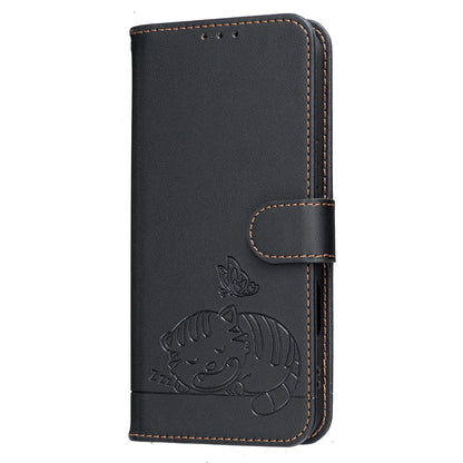 For Redmi K90 ProMax / Poco F8 Ultra Cat Butterfly Embossed RFID Vegan Leather Phone Case with Strap(Black)