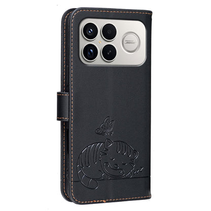 For Redmi K90 ProMax / Poco F8 Ultra Cat Butterfly Embossed RFID Vegan Leather Phone Case with Strap(Black)