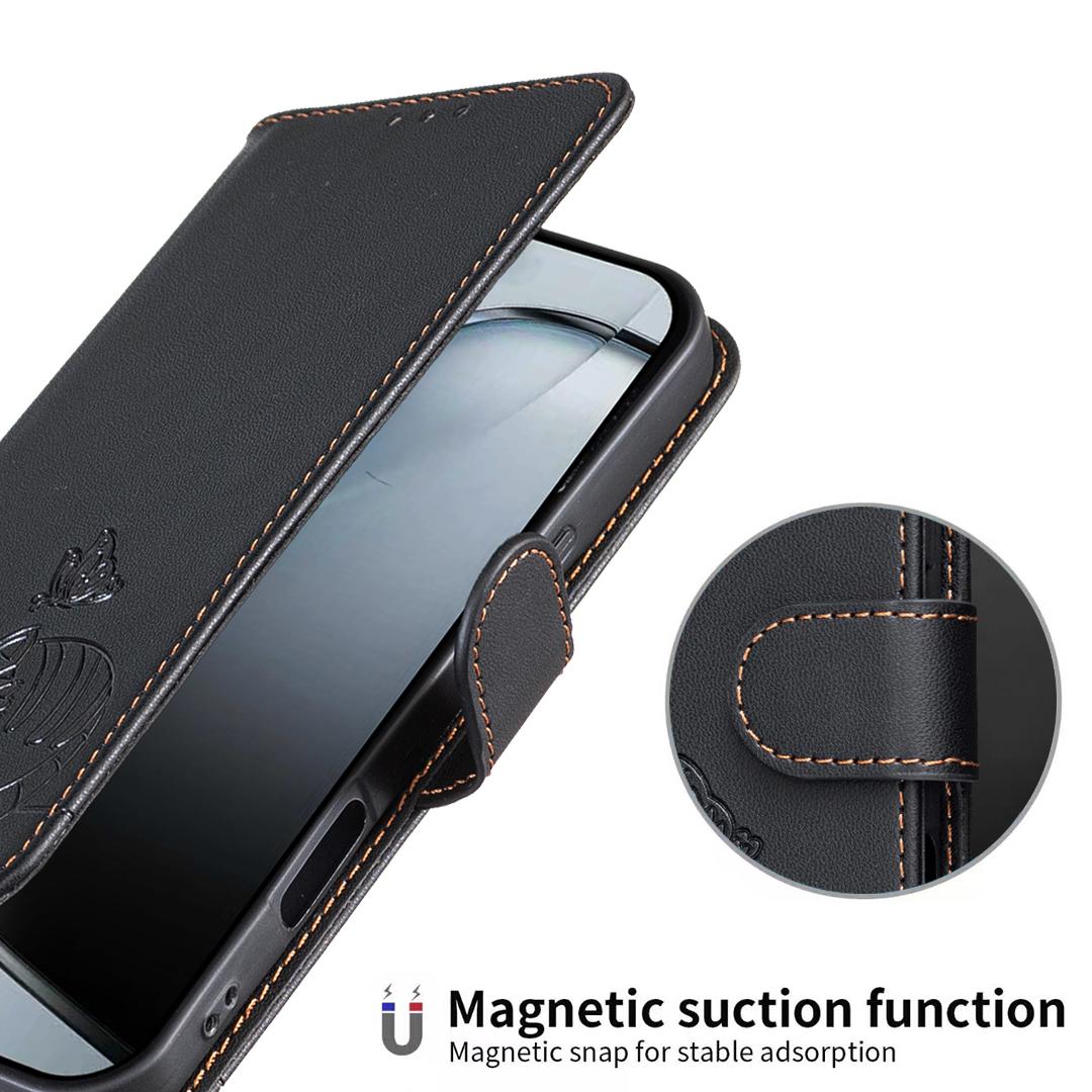 For Redmi K90 ProMax / Poco F8 Ultra Cat Butterfly Embossed RFID Vegan Leather Phone Case with Strap(Black)
