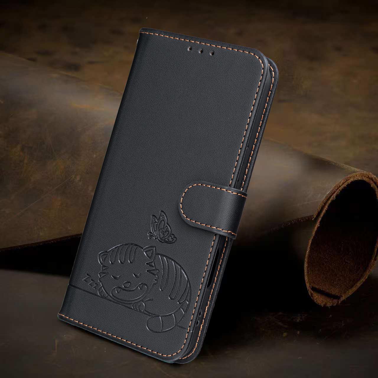 For Redmi K90 ProMax / Poco F8 Ultra Cat Butterfly Embossed RFID Vegan Leather Phone Case with Strap(Black)