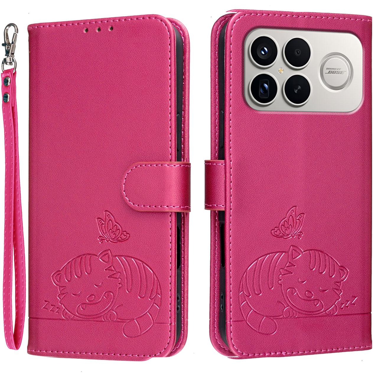 For Redmi K90 ProMax / Poco F8 Ultra Cat Butterfly Embossed RFID Vegan Leather Phone Case with Strap(Rose Red)