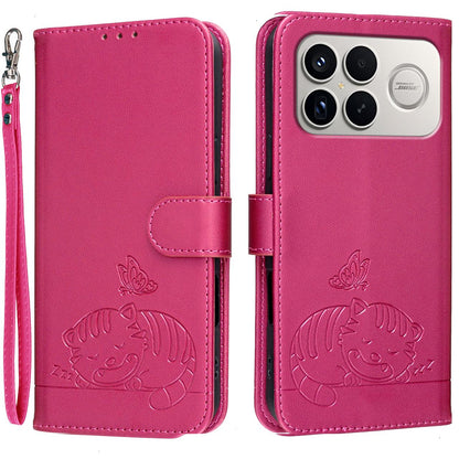 For Redmi K90 ProMax / Poco F8 Ultra Cat Butterfly Embossed RFID Vegan Leather Phone Case with Strap(Rose Red)