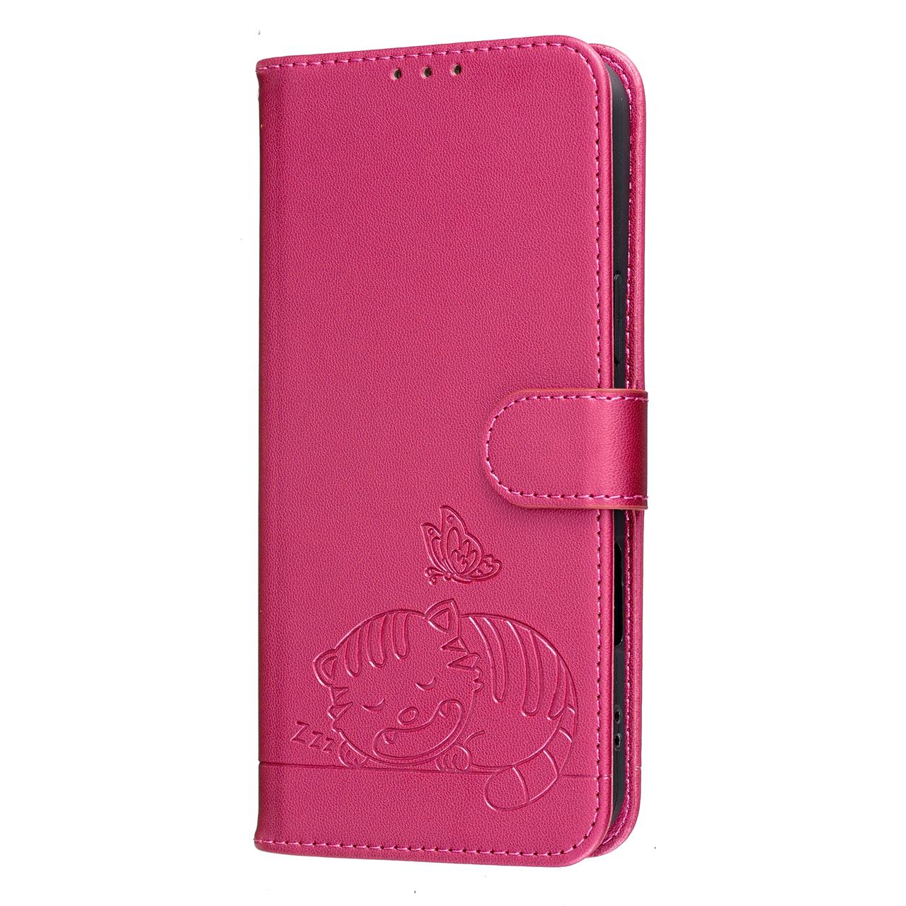 For Redmi K90 ProMax / Poco F8 Ultra Cat Butterfly Embossed RFID Vegan Leather Phone Case with Strap(Rose Red)