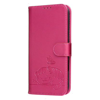 For Redmi K90 ProMax / Poco F8 Ultra Cat Butterfly Embossed RFID Vegan Leather Phone Case with Strap(Rose Red)