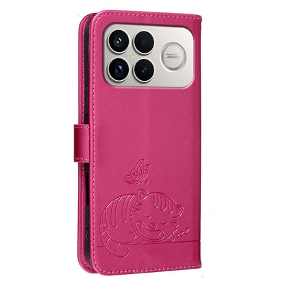 For Redmi K90 ProMax / Poco F8 Ultra Cat Butterfly Embossed RFID Vegan Leather Phone Case with Strap(Rose Red)