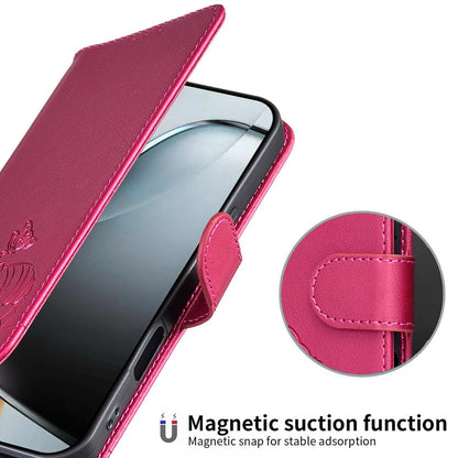 For Redmi K90 ProMax / Poco F8 Ultra Cat Butterfly Embossed RFID Vegan Leather Phone Case with Strap(Rose Red)