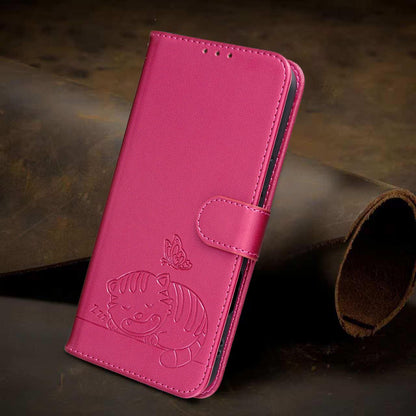 For Redmi K90 ProMax / Poco F8 Ultra Cat Butterfly Embossed RFID Vegan Leather Phone Case with Strap(Rose Red)